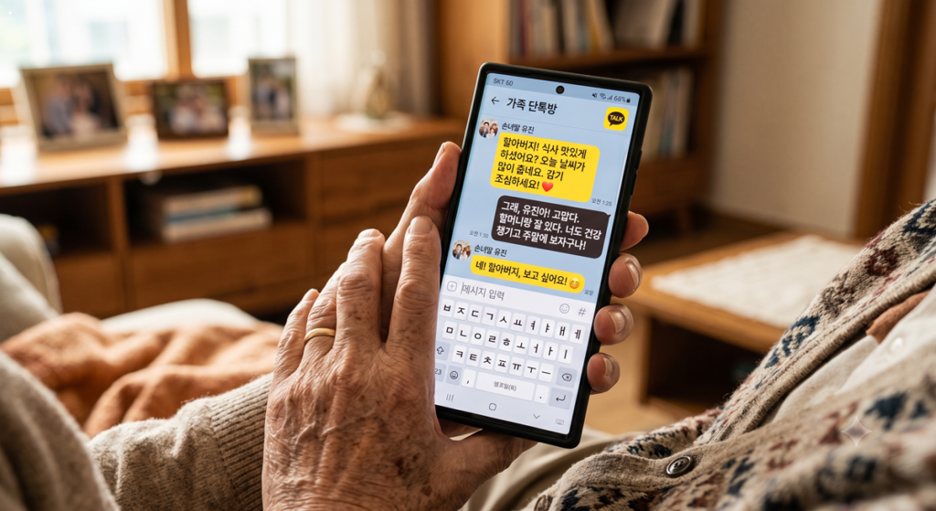 큰 글씨로 설정된 카카오톡 대화방 화면을 들고 있는 어르신의 손 (KakaoTalk chat window with large text on a senior's phone)